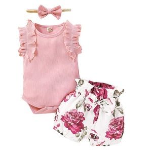 Newborn Pink Ruffle Onesie with Floral Shorts